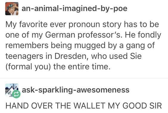 formal you german - ananimalimaginedbypoe My favorite ever pronoun story has to be one of my German professor's. He fondly remembers being mugged by a gang of teenagers in Dresden, who used Sie formal you the entire time. asksparklingawesomeness Hand Over