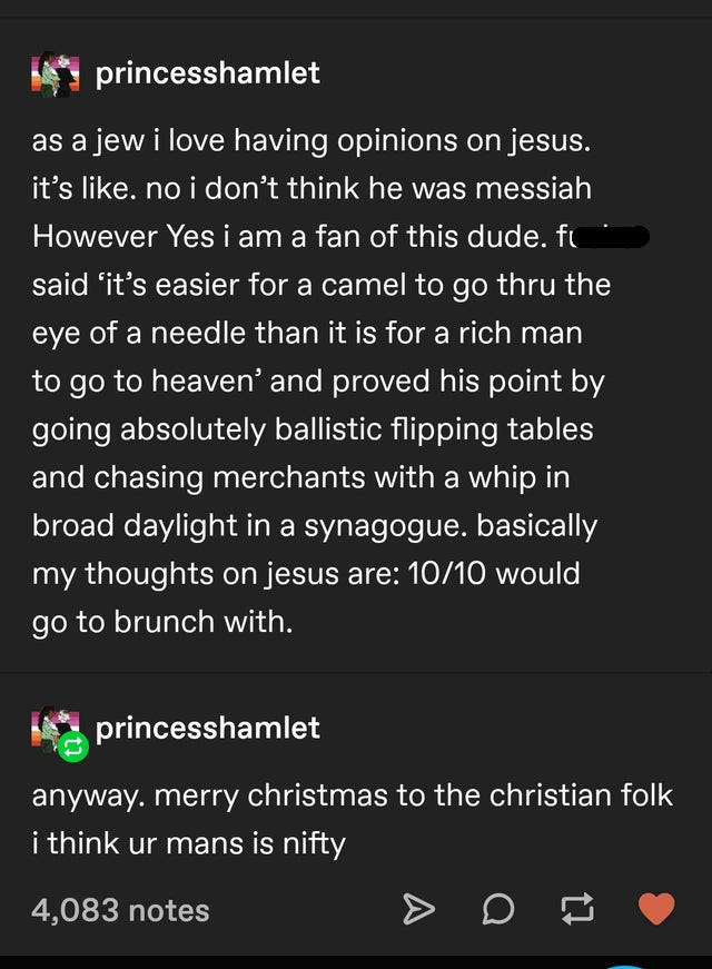 screenshot - princesshamlet as a jew i love having opinions on jesus. it's . no i don't think he was messiah However Yes i am a fan of this dude. fi said it's easier for a camel to go thru the eye of a needle than it is for a rich man to go to heaven' and