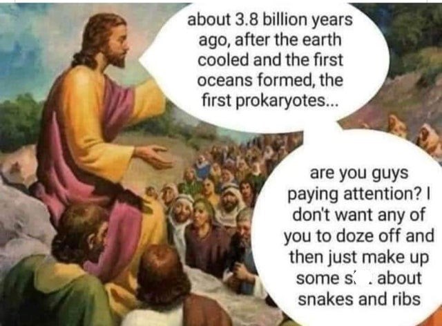 jesus talking to the jews - about 3.8 billion years ago, after the earth cooled and the first oceans formed, the first prokaryotes... are you guys paying attention?! don't want any of you to doze off and then just make up some s about snakes and ribs