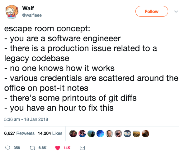 point - Walf > escape room concept you are a software engineeer there is a production issue related to a legacy codebase no one knows how it works various credentials are scattered around the office on postit notes there's some printouts of git diffs you 