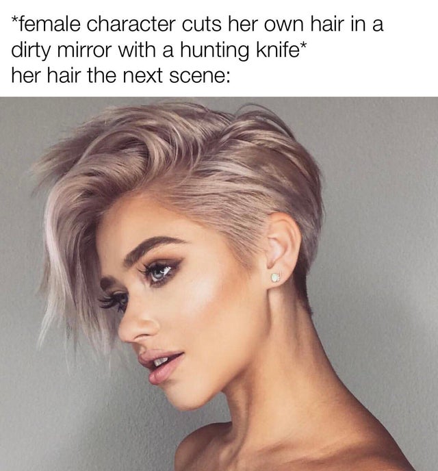 pixie cut short hair 2020 - female character cuts her own hair in a dirty mirror with a hunting knife her hair the next scene