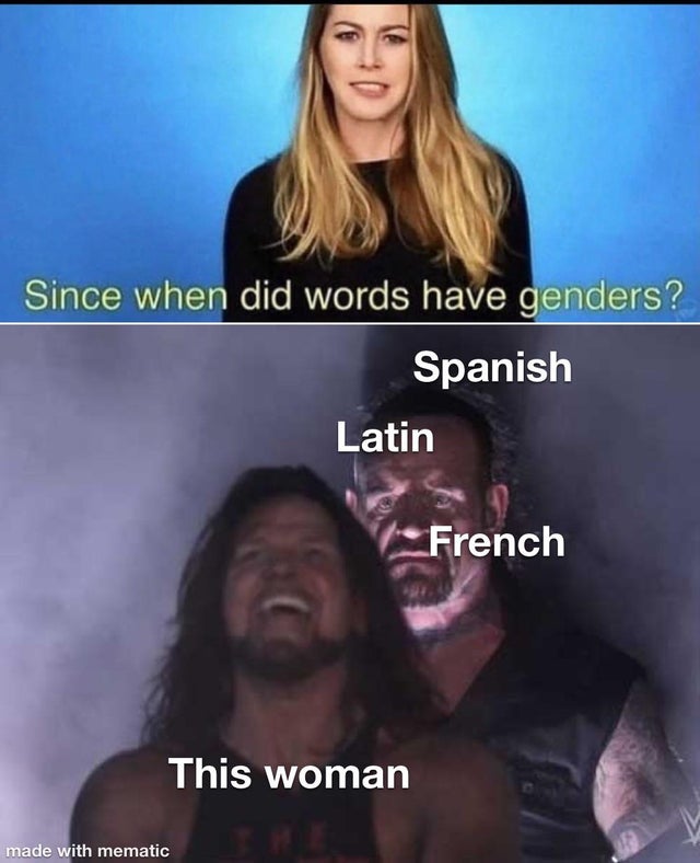 Internet meme - Since when did words have genders? Spanish Latin French This woman made with mematic