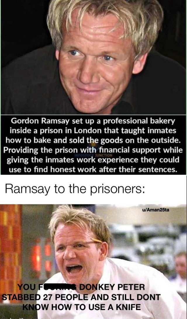 gordon ramsay angry - Gordon Ramsay set up a professional bakery inside a prison in London that taught inmates how to bake and sold the goods on the outside. Providing the prison with financial support while giving the inmates work experience they could u