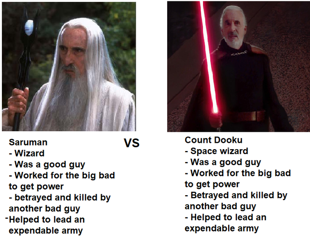 so you have chosen death star wars - Vs Saruman Wizard Was a good guy Worked for the big bad to get power betrayed and killed by another bad guy Helped to lead an expendable army Count Dooku Space wizard Was a good guy Worked for the big bad to get power 