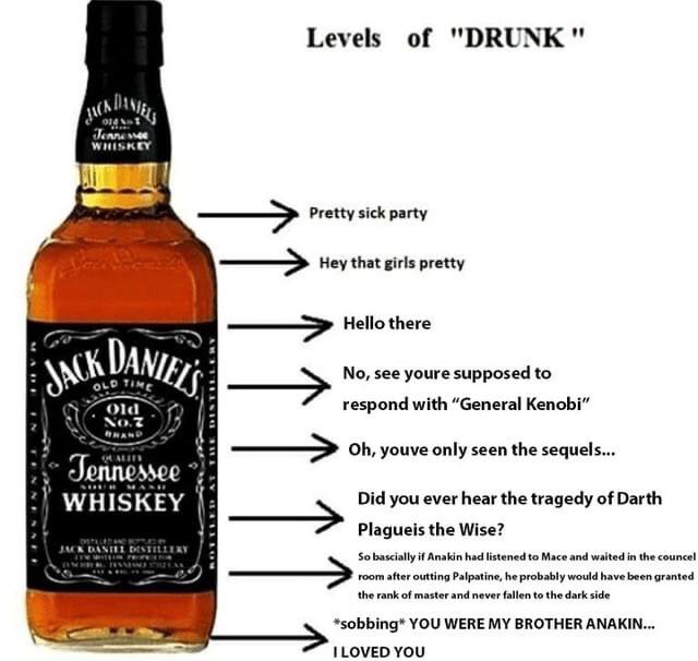 jack daniels - Levels of Drunk 016 Jaamme Whiskey Pretty sick party Hey that girls pretty Hello there Daniels Jack Time old No. 7 No, see youre supposed to respond with General Kenobi Oh, youve only seen the sequels... Tennessee Whiskey 171 Jmen Daniel De