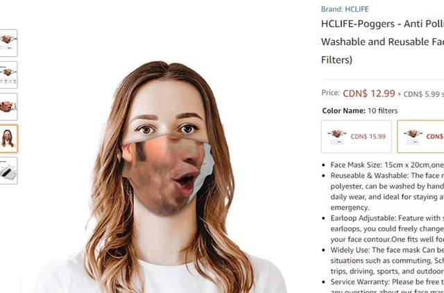 Face shield - Brand Hclife HclifePoggers Anti Poll Washable and Reusable Fa Filters Price Con$ 12.99.Cdn$ 5.99 Color Name 10 filters A Cons 15.99 Cons Face Mask Size 15cm x 20cm, one Reuseable & Washable The face polyester, can be washed by hand daily wea