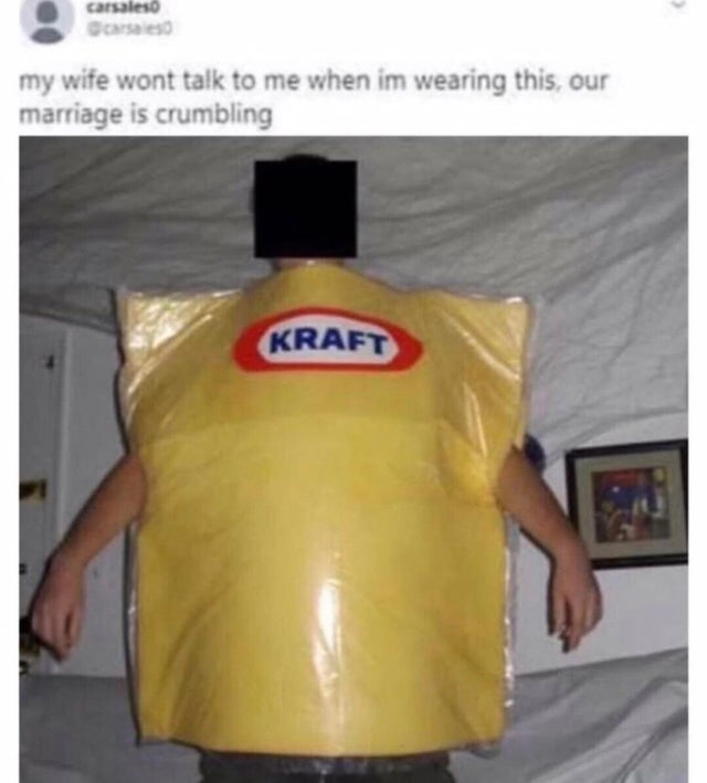 kraft cheese halloween costume - carsales my wife wont talk to me when im wearing this, our marriage is crumbling Kraft