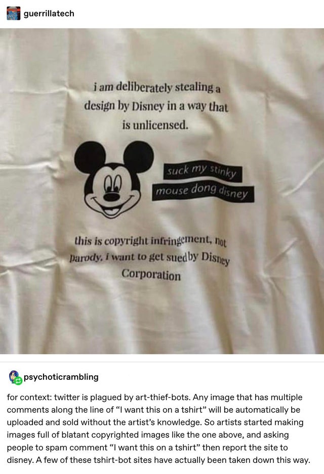 parody. i want to get suedby Disney guerrillatech i am deliberately stealing a design by Disney in a way that is unlicensed. suck my stinky 00 mouse dong disney this is copyright infringement, not Corporation psychoticrambling for context twitter is…