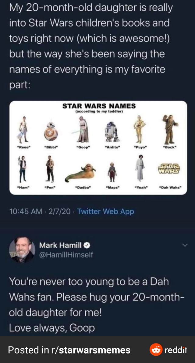 My 20monthold daughter is really into Star Wars children's books and toys right now which is awesome! but the way she's been saying the names of everything is my favorite part Star Wars Names We 2720 Twitter Web App Mark Hamill Himself You're never too…