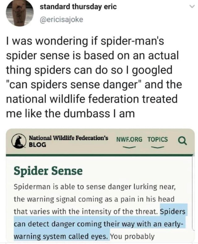 document - standard thursday eric I was wondering if spiderman's spider sense is based on an actual thing spiders can do so I googled can spiders sense danger and the national wildlife federation treated me the dumbass I am National Wildlife Federation's 