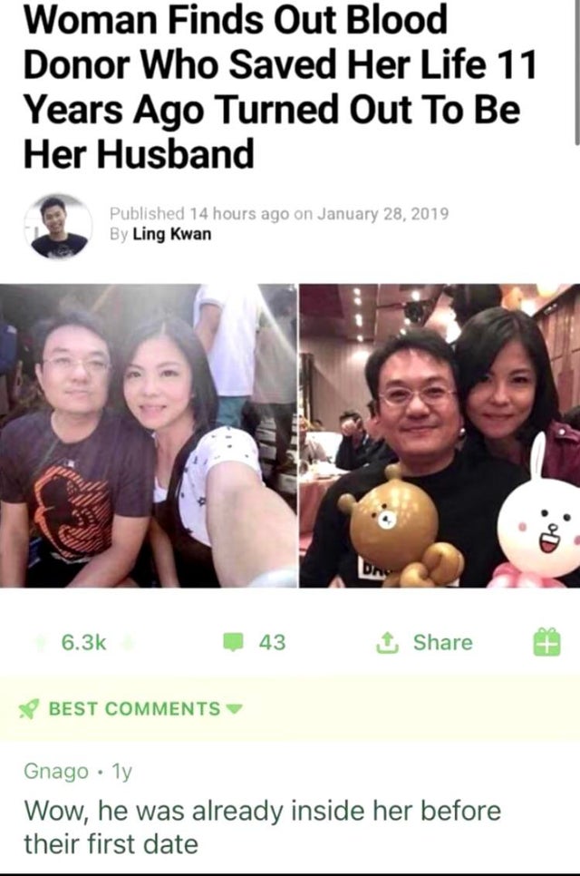 friendship - Woman Finds Out Blood Donor Who Saved Her Life 11 Years Ago Turned Out To Be Her Husband Published 14 hours ago on By Ling Kwan 43 1 Best Gnago. Ty Wow, he was already inside her before their first date