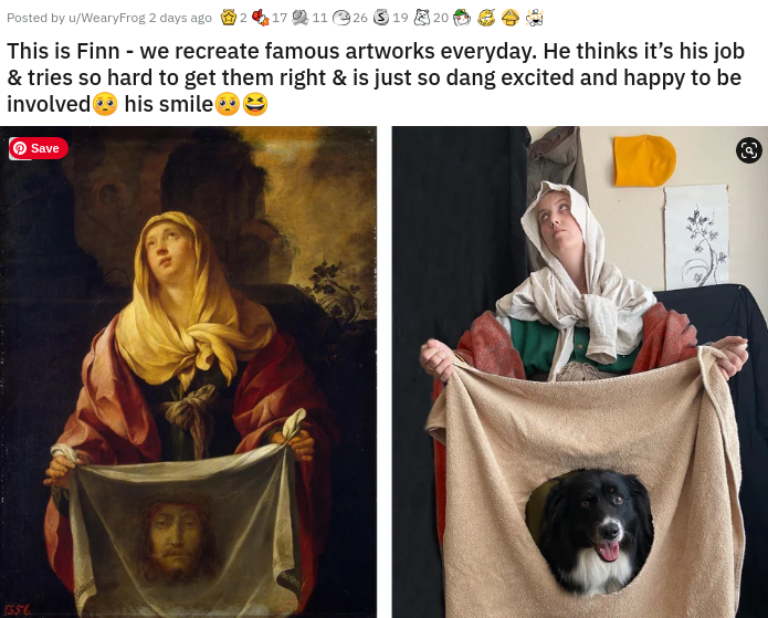 art recreation challenge - Posted by uWearyFrog 2 days ago 171126 $ 19 20 This is Finn we recreate famous artworks everyday. He thinks it's his job & tries so hard to get them right & is just so dang excited and happy to be involved his smile Save