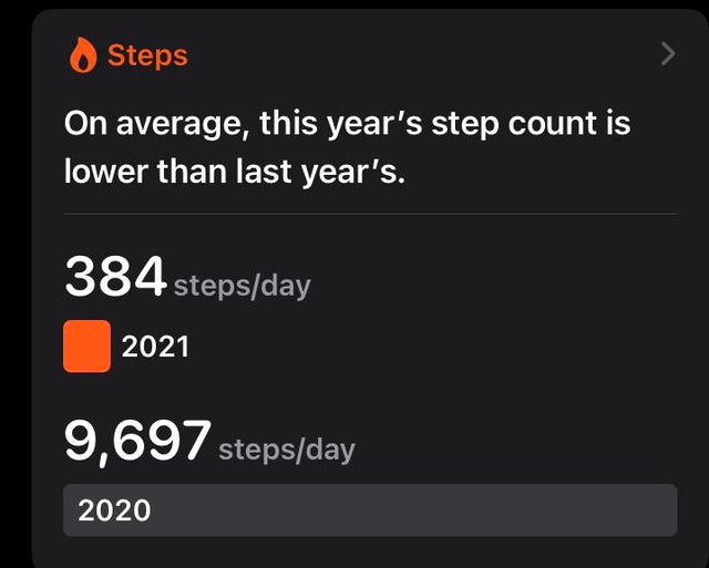 multimedia - Steps On average, this year's step count is lower than last year's. 384 stepsday 2021 9,697 stepsday 2020