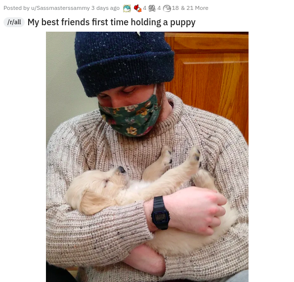 wool - Posted by Sassmasterssammy 3 days ago 418 & 21 More Irall My best friends first time holding a puppy