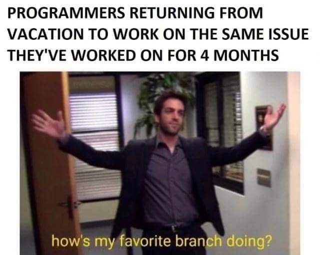 how's my favorite branch doing meme - Programmers Returning From Vacation To Work On The Same Issue They'Ve Worked On For 4 Months how's my favorite branch doing?