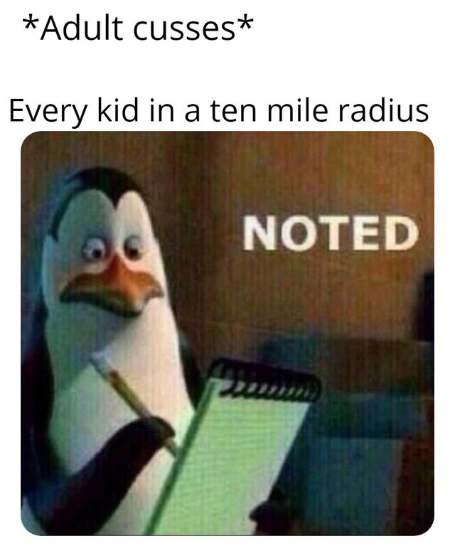 noted meme - Adult cusses Every kid in a ten mile radius Noted