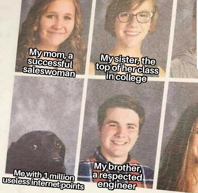 dog in the yearbook meme - My mom, a successful saleswoman My sister, the top of herclass in college My brother, Me with 1 million a respected uselessinternet points engineer