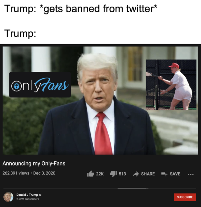 photo caption - Trump gets banned from twitter Trump OnlyFans Ta Announcing my OnlyFans 262,391 views 22K 513 Save Donald J Trump 2.72M subscribers Subscribe