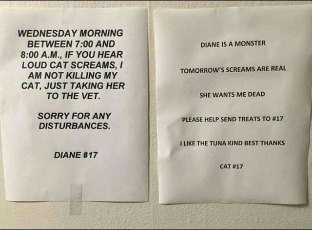 note from cat - Diane Is A Monster Wednesday Morning Between And A.M., If You Hear Loud Cat Screams, I Am Not Killing My Cat, Just Taking Her To The Vet. Tomorrow'S Screams Are Real She Wants Me Dead Sorry For Any Disturbances. Please Help Send Treats To 