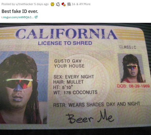 driver's license - 16 & 49 More Posted by utnethacker 5 days ago Best fake Id ever. .imgur.comMWBQ6J... California License To Shred Class Gusto Gav Your House Sex Every Night Hair Mullet Ht 5'10 Wt 178 Coconuts Dob 08291969 Rstr Wears Shades Day And Night