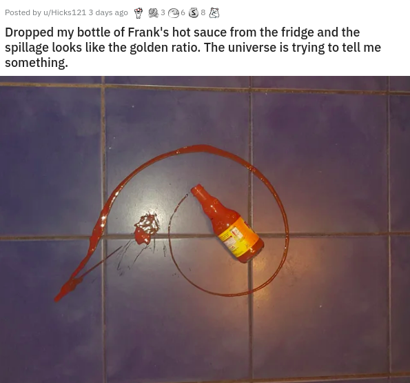 light - Posted by uHicks121 3 days ago 3658 Dropped my bottle of Frank's hot sauce from the fridge and the spillage looks the golden ratio. The universe is trying to tell me something Ae