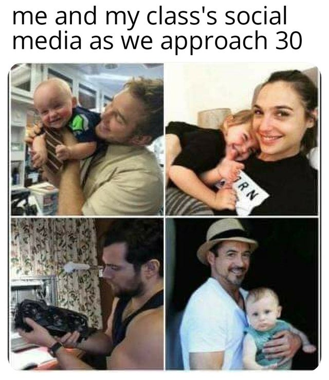 superhero actors holding their babies - me and my class's social media as we approach 30 Jrn