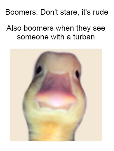 duck stare meme - Boomers Don't stare, it's rude Also boomers when they see someone with a turban