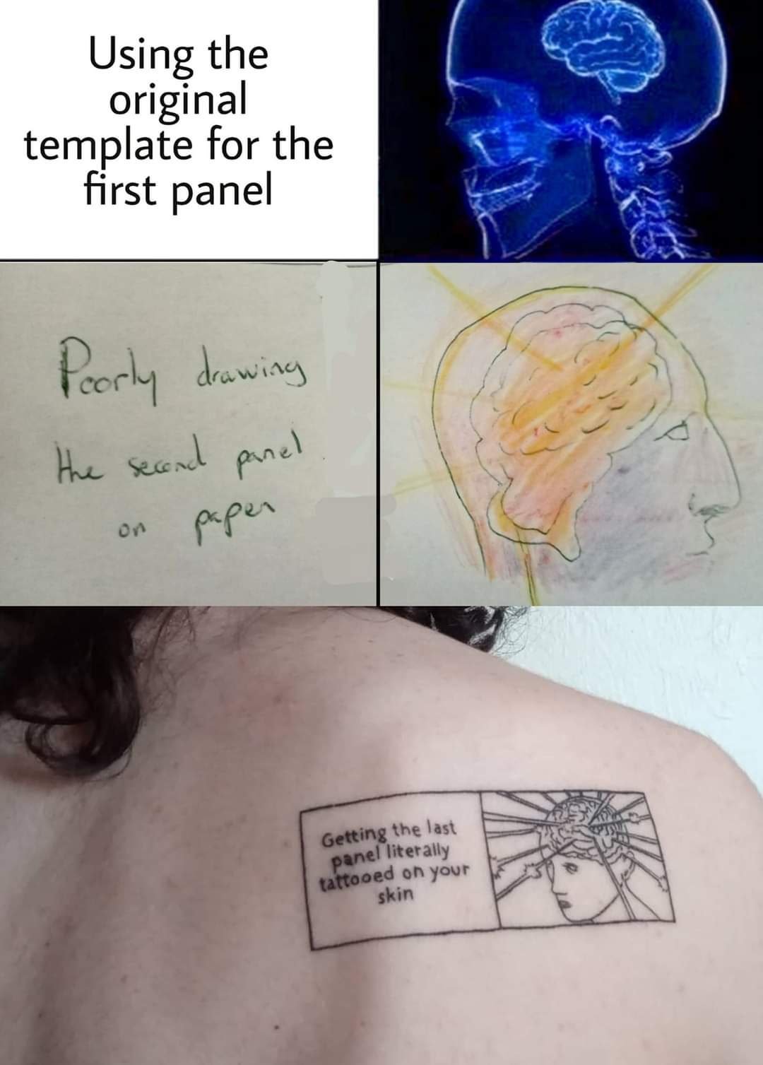 jaw - Using the original template for the first panel Poorly drawing the second panel on paper Getting the last panel literally tattooed on your skin