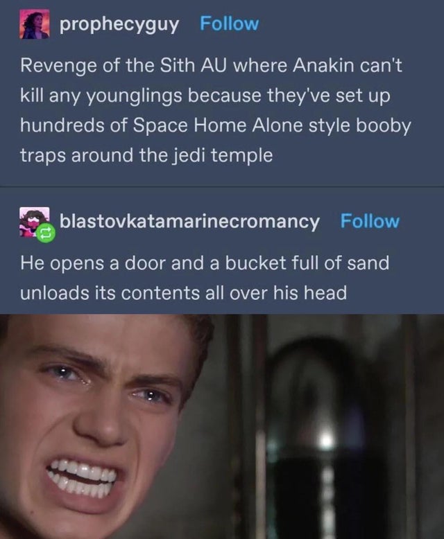 photo caption - prophecyguy Revenge of the Sith Au where Anakin can't kill any younglings because they've set up hundreds of Space Home Alone style booby traps around the jedi temple blastovkatamarinecromancy He opens a door and a bucket full of sand unlo