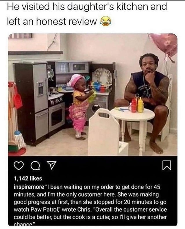 he visited his daughter's kitchen and left - He visited his daughter's kitchen and left an honest review 1,142 inspiremore I been waiting on my order to get done for 45 minutes, and I'm the only customer here. She was making good progress at first, then s