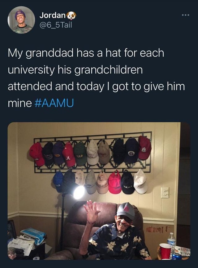 grandparents wholesome memes - Jordan My granddad has a hat for each university his grandchildren attended and today I got to give him mine