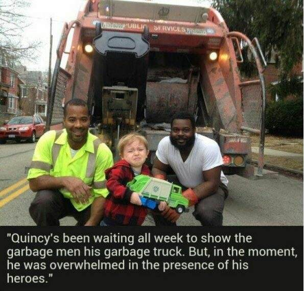 kid loves garbage truck - Doubu Services Quincy's been waiting all week to show the garbage men his garbage truck. But, in the moment, he was overwhelmed in the presence of his heroes.