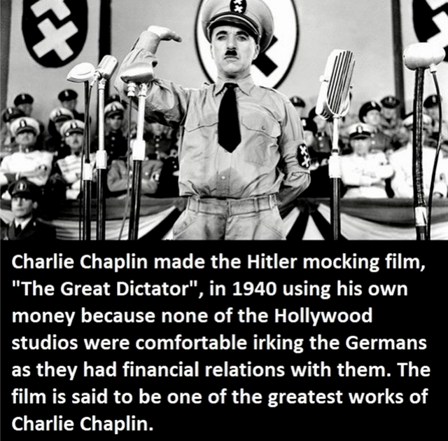 charlie chaplin great dictator - Charlie Chaplin made the Hitler mocking film, The Great Dictator, in 1940 using his own money because none of the Hollywood studios were comfortable irking the Germans as they had financial relations with them. The film is