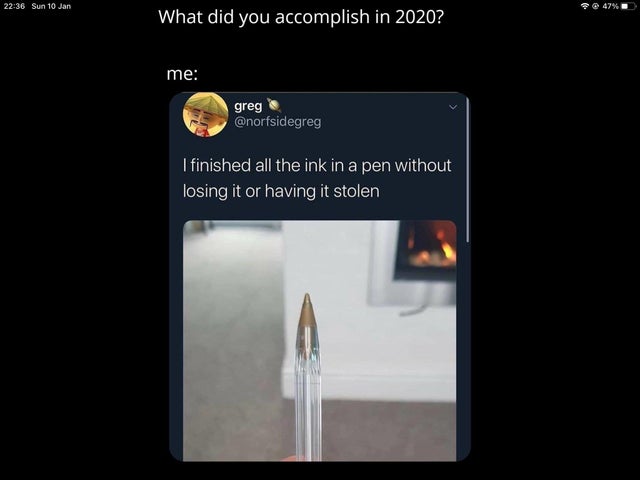 wasn t aware that was something - Sun 10 Jan What did you accomplish in 2020? me greg I finished all the ink in a pen without losing it or having it stolen