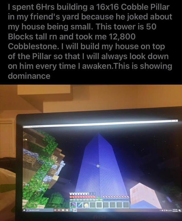 light - I spent 6Hrs building a 16x16 Cobble Pillar in my friend's yard because he joked about my house being small. This tower is 50 Blocks tall rn and took me 12,800 Cobblestone. I will build my house on top of the Pillar so that I will always look down