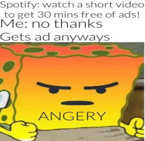cartoon - Spotify watch a short video to get 30 mins free of ads! Me no thanks Gets ad anyways Angery