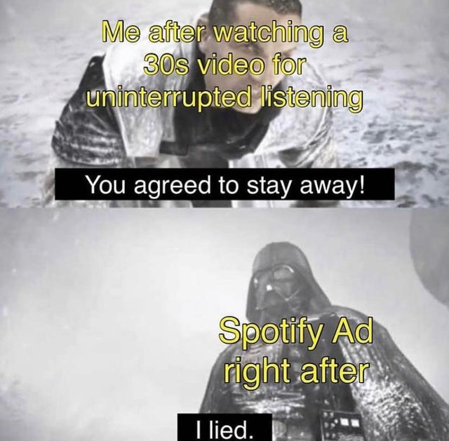 ice - Me after watching a 30s video for uninterrupted listening You agreed to stay away! Spotify Ad right after I lied.