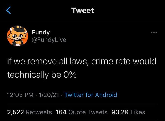 screenshot - Tweet . Fundy if we remove all laws, crime rate would technically be 0% 12021 Twitter for Android 2,522 164 Quote Tweets