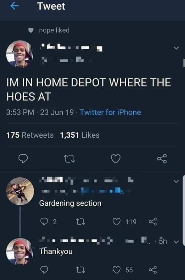 im at home depot where the hoes - K Tweet nope d Im In Home Depot Where The Hoes At 23 Jun 19. Twitter for iPhone 175 1,351 27 Gardening section 2 119 F. Sh v Thankyou 55
