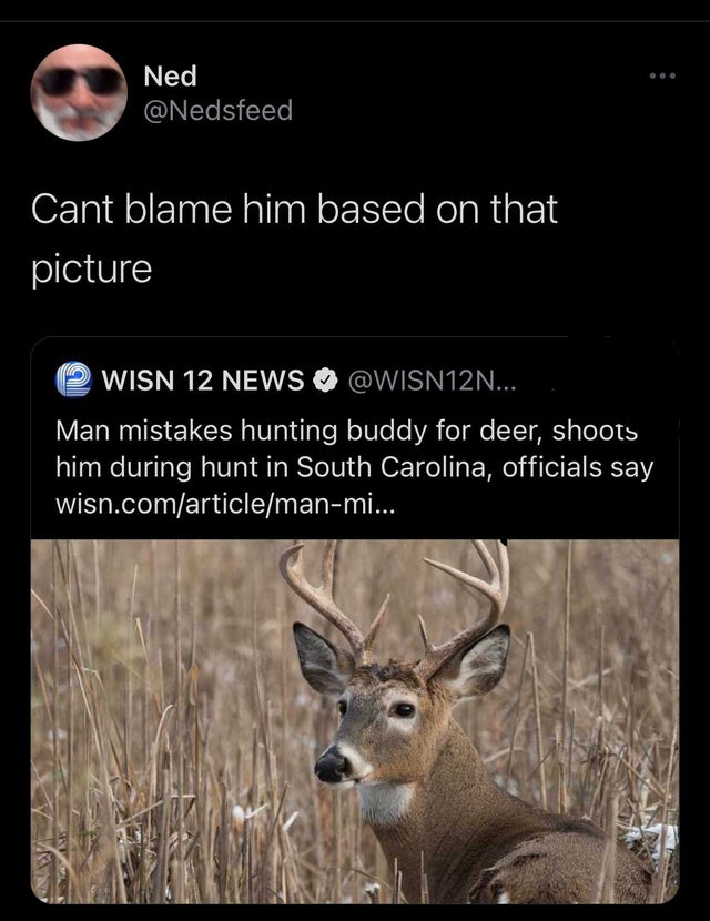 fauna - Ned Cant blame him based on that picture Wisn 12 News ... Man mistakes hunting buddy for deer, shoots him during hunt in South Carolina, officials say wisn.comarticlemanmi...