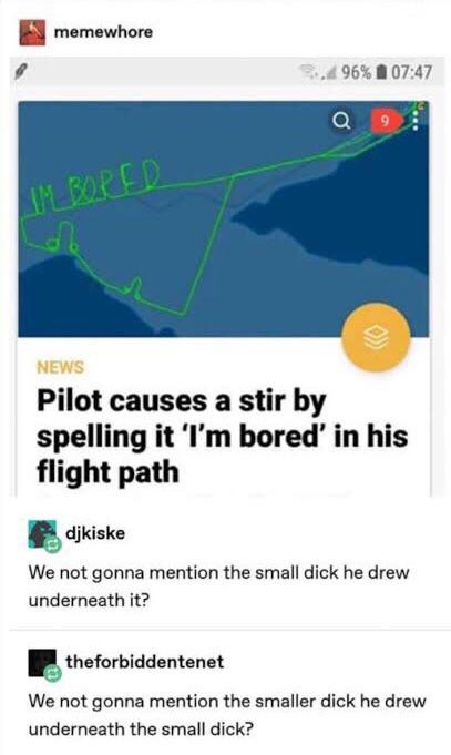 screenshot - memewhore 96% Bored News Pilot causes a stir by spelling it 'I'm bored in his flight path djkiske We not gonna mention the small dick he drew underneath it? theforbiddentenet We not gonna mention the smaller dick he drew underneath the small 