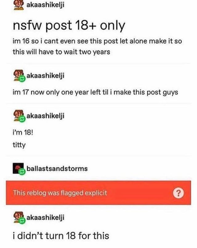 nsfw reddit posts - akaashikelji nsfw post 18 only im 16 so i cant even see this post let alone make it so this will have to wait two years akaashikelji im 17 now only one year left til i make this post guys akaashikelji i'm 18! titty ballastsandstorms Th