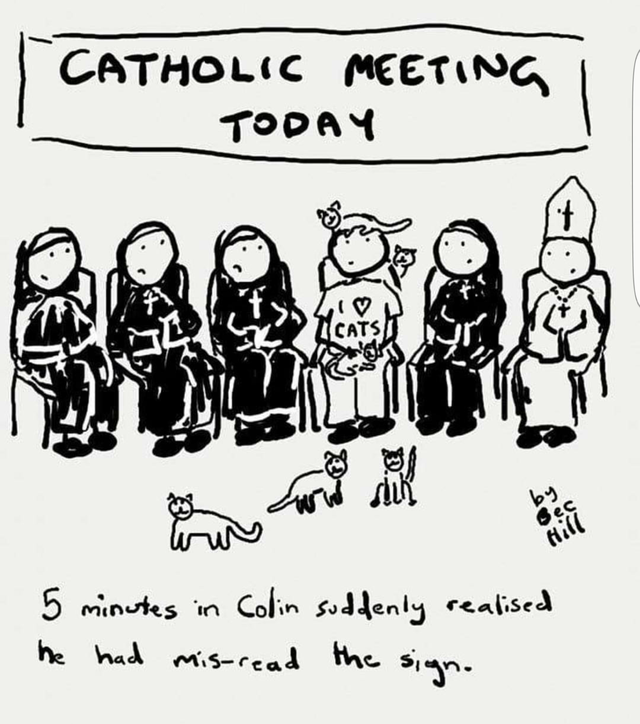 catholic meeting - Catholic Meeting Today if 1 Cats Gec Hill 5 minutes in Colin suddenly realised he had misread the sign.