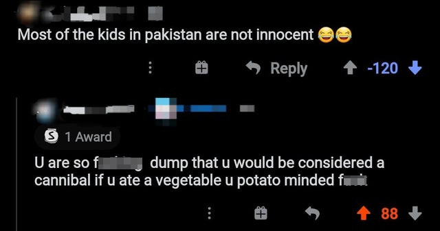 light - Most of the kids in pakistan are not innocent > 1 120 S 1 Award U are so f dump that u would be considered a cannibal if u ate a vegetable u potato minded fua 88