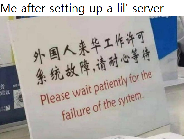 writing - Me after setting up a lil' server , Please wait patiently for the failure of the system.