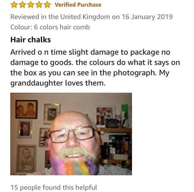 head - Verified Purchase Reviewed in the United Kingdom on Colour 6 colors hair comb Hair chalks Arrived on time slight damage to package no damage to goods. the colours do what it says on the box as you can see in the photograph. My granddaughter loves t