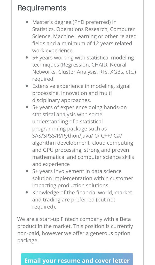 document - Requirements Master's degree PhD preferred in Statistics, Operations Research, Computer Science, Machine Learning or other related fields and a minimum of 12 years related work experience. 5 years working with statistical modeling techniques Re