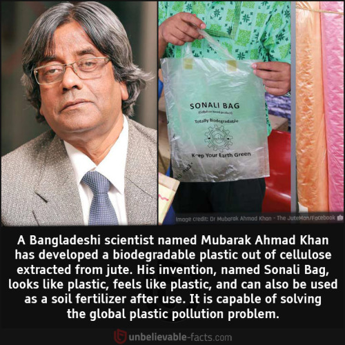 mubarak ahmad khan - Sonali Bag way p Your Earth Green to Mohorak Almal het the A Bangladeshi scientist named Mubarak Ahmad Khan has developed a biodegradable plastic out of cellulose extracted from jute. His invention, named Sonali Bag, looks plastic, fe