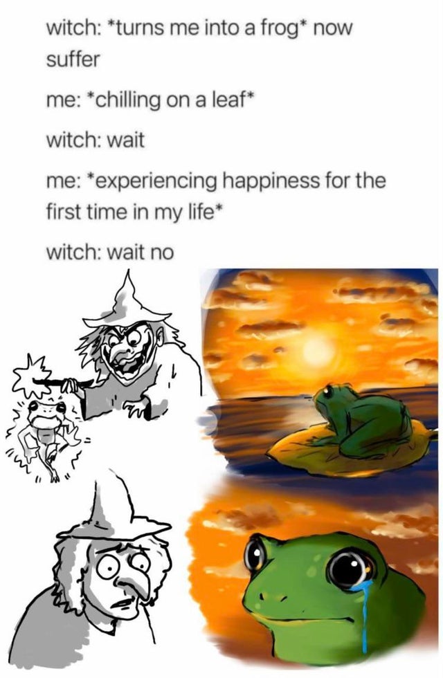 cartoon - witch turns me into a frog now suffer me chilling on a leaf witch wait me experiencing happiness for the first time in my life witch wait no
