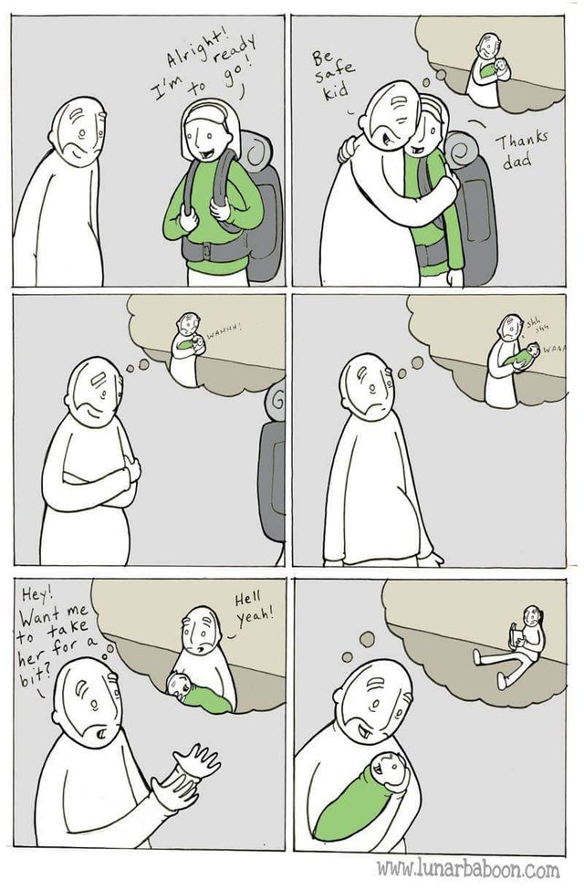 lunarbaboon comic - Be fe Alright! I'm ready go to kid Thanks dad su Wahhh Wa Hey! Want me! Hell Yeah! to take Ther for a bit?